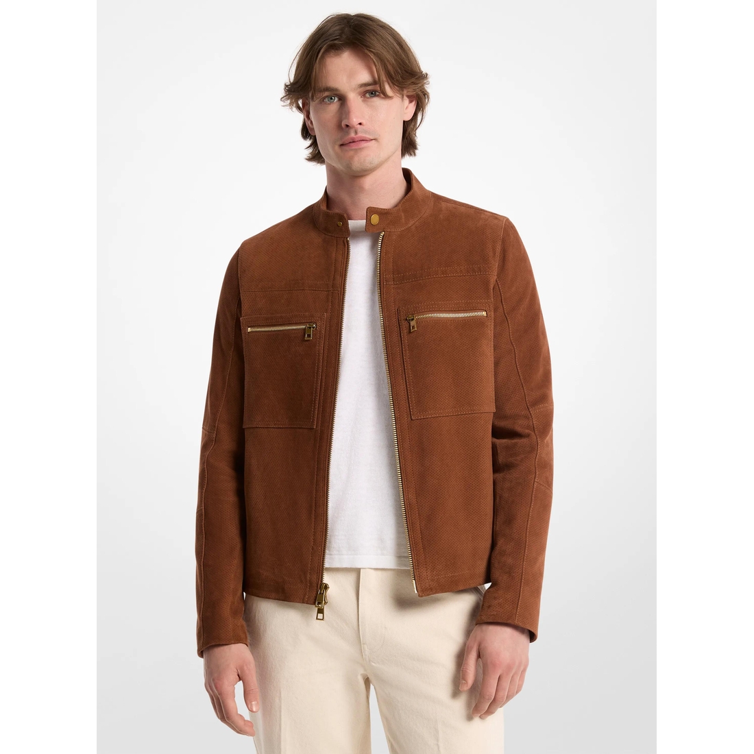 Michael Kors Suede Double-Zip Racer Jacket