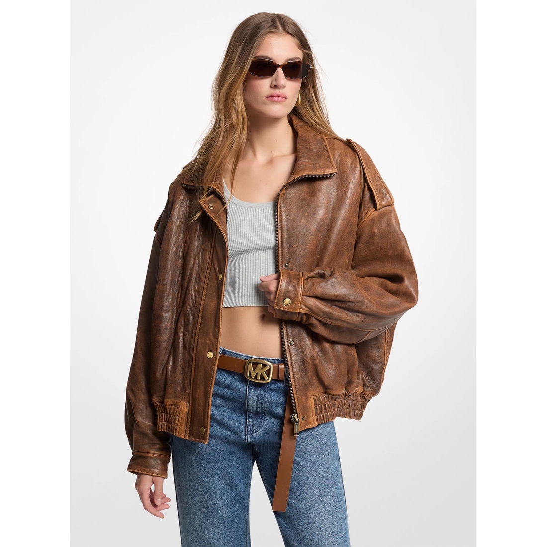 Michael Kors Oversized Burnished Leather Jacket
