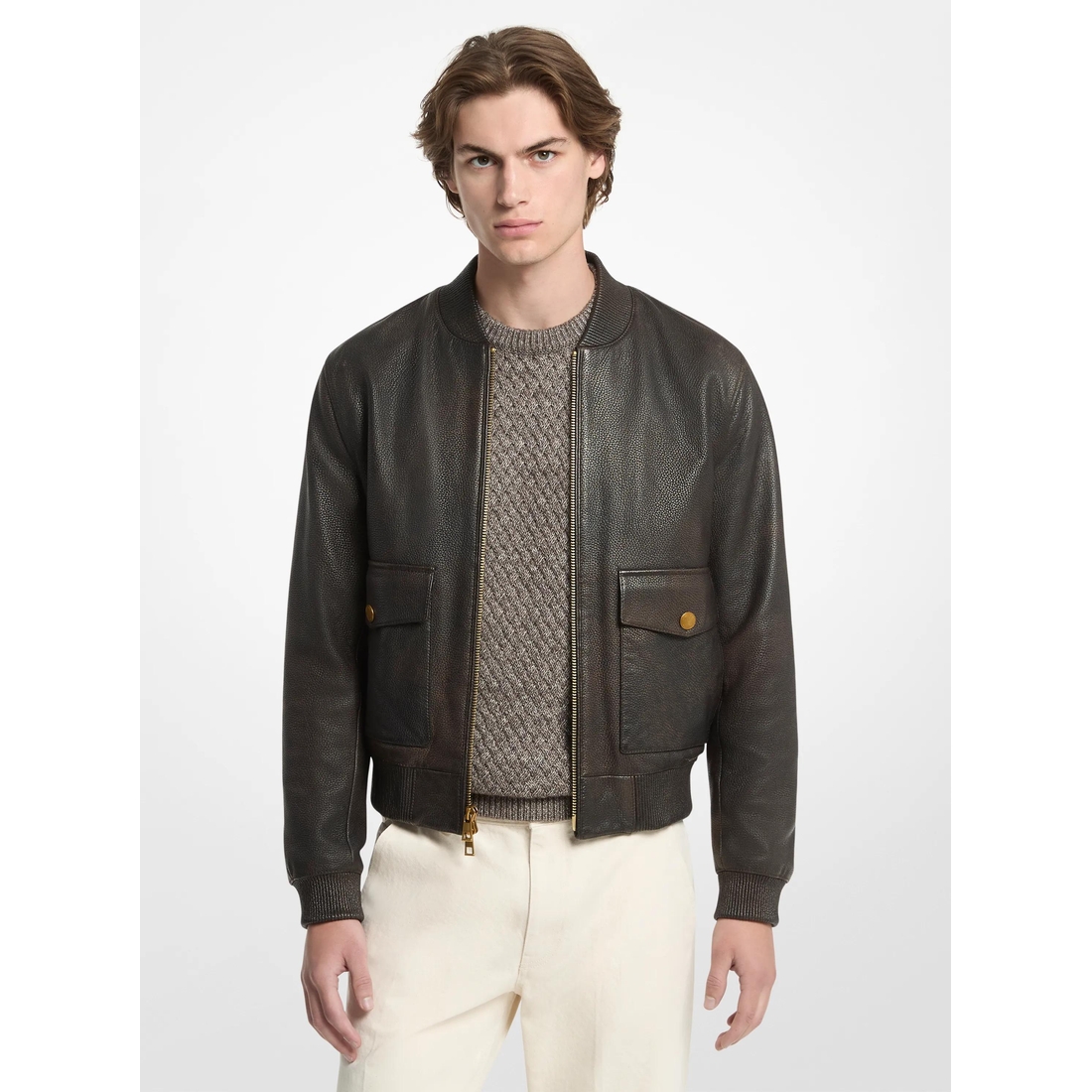 Michael Kors Pebbled Leather Bomber Jacket