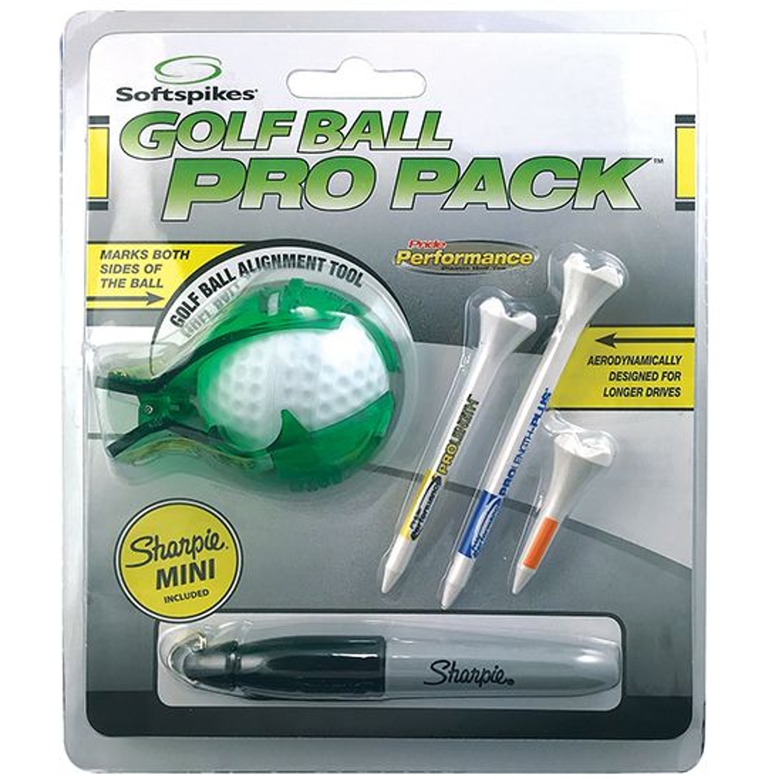 Softspikes Golf Ball Alignment Tool & 3 Pride Performance Tees, Green