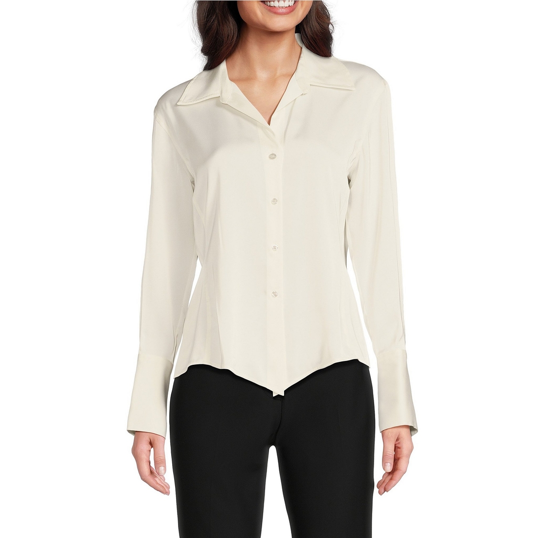 Donna Karan Spread Collar Long Sleeve Pointed Hem Button Down Blouse