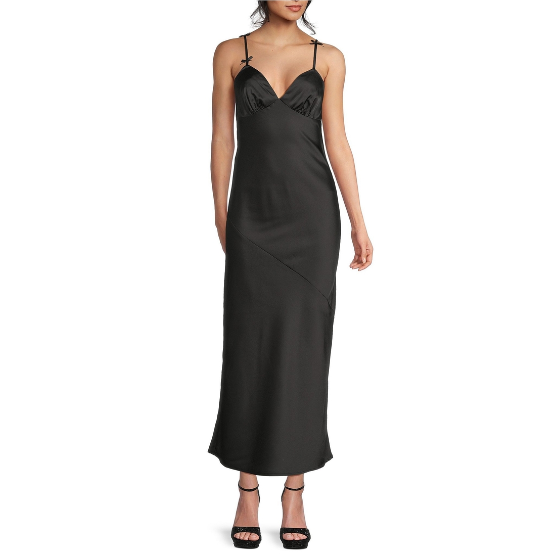 undefined Midnight Doll Satin V-Neck Bow-Accented Maxi Dress available now  at Cielo Vista Mall