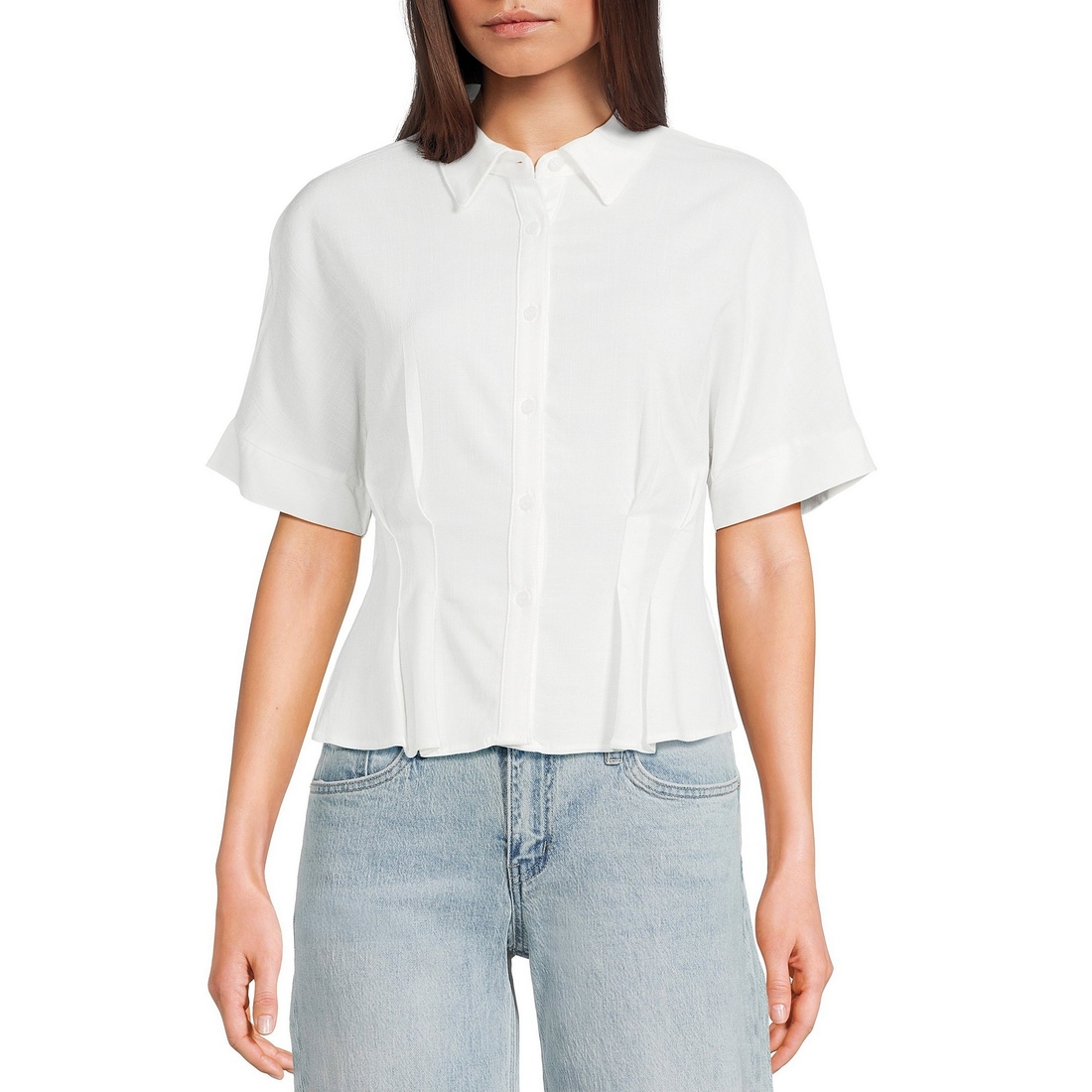 Moa Moa Point Collar Short Sleeve Button Front Cinched Top
