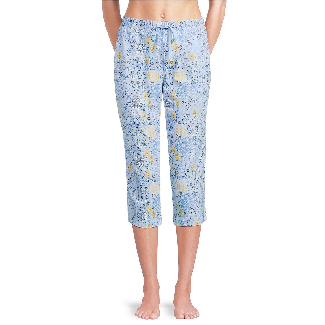 Sleep Sense Knit Patchwork Floral Print Drawstring Tie Coordinating Sleep Capri Pants