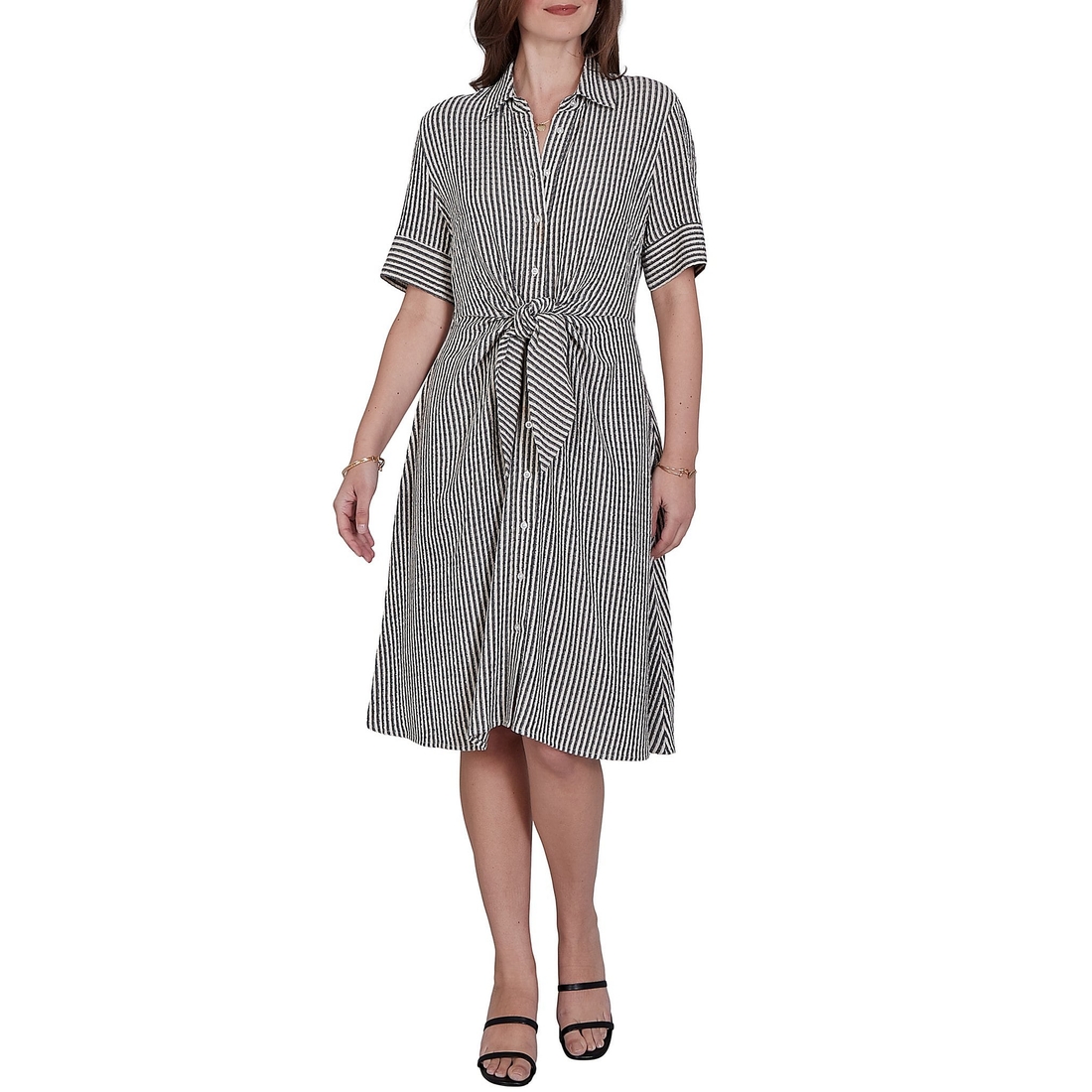 Ruby Rd. Petite Size Gauze Stripe Point Collar Short Sleeve Adjustable Tie Waist Midi Shirtdres