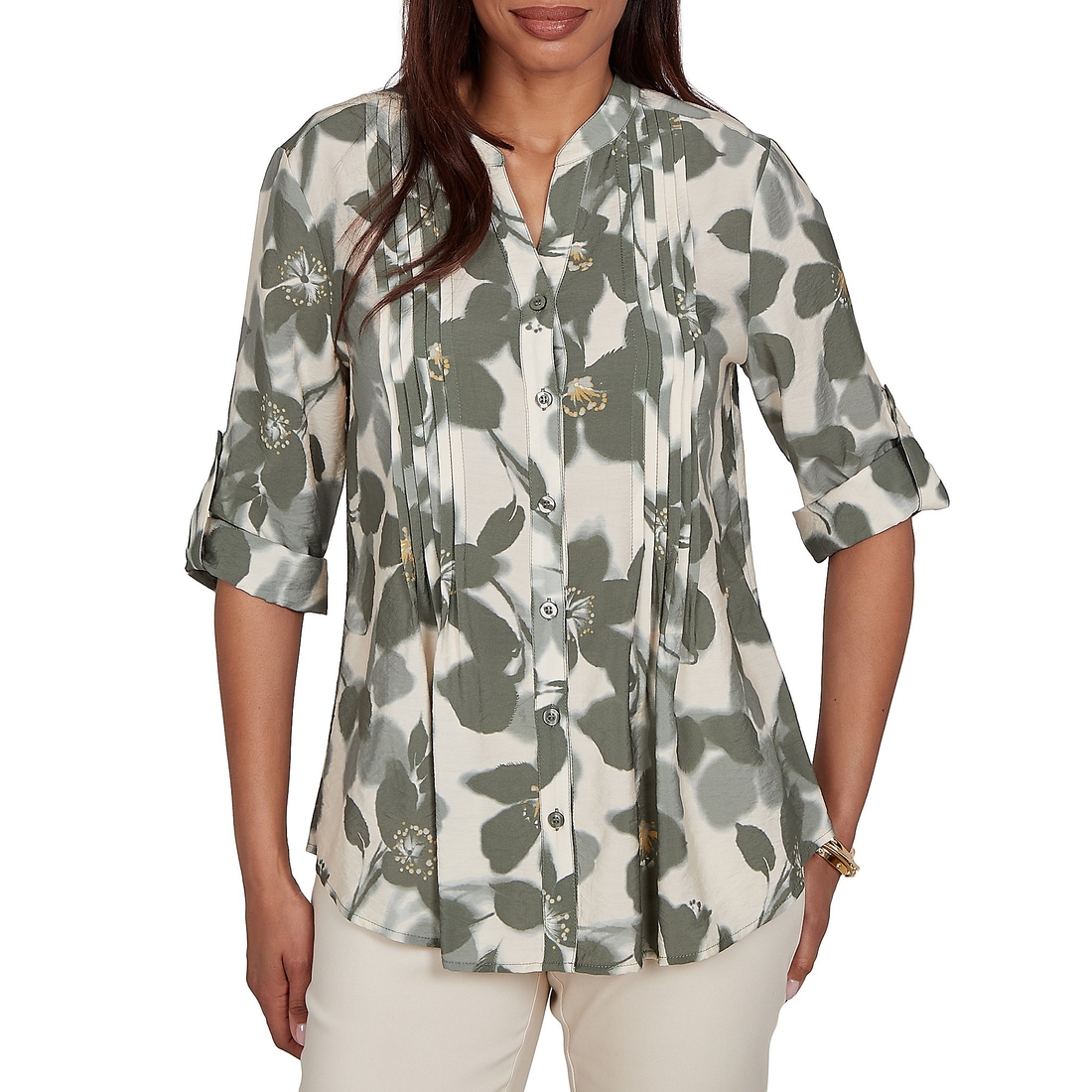 Ruby Rd. Petite Size Multi Silky Voile Shadow Floral Split V-Neck 34 Sleeve Pleated Button