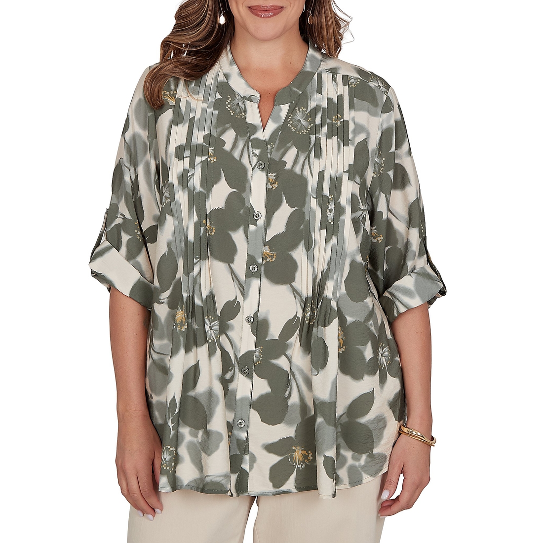 Ruby Rd. Plus Size Silky Voile Shadow Floral Split V-Neck 34 Sleeve Pleated Button Front