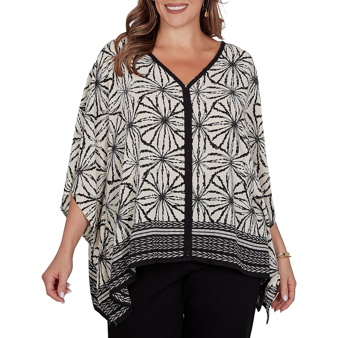 Ruby Rd. Plus Size Crepe Shibori Geometric V-Neck Short Sleeve Contrast Trim Top