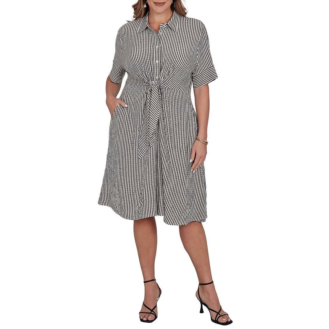 Ruby Rd. Plus Size Gauze Stripe Point Collar Short Sleeve Adjustable Tie Waist Midi Shirtdress