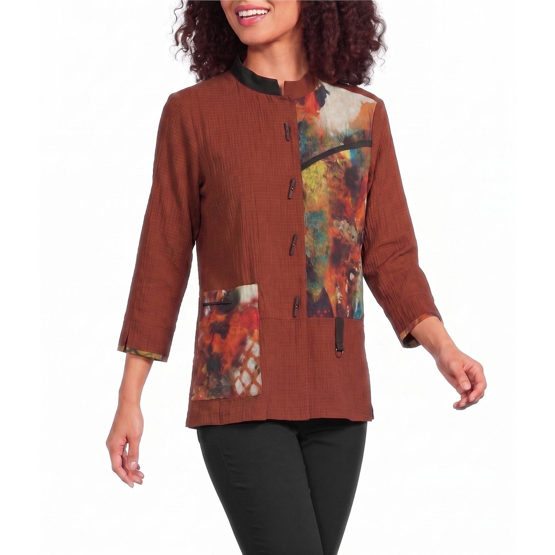 Ali Miles Textured Woven Abstract Patch Print 34 Sleeve Button Front Tunic