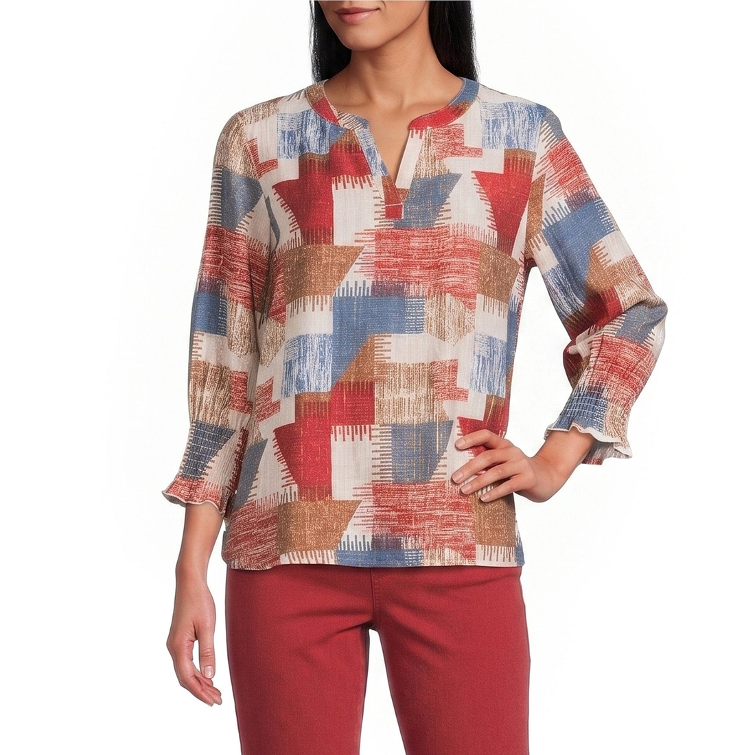 Multiples Woven Split V-Round Neck 34 Sleeve Pullover Top