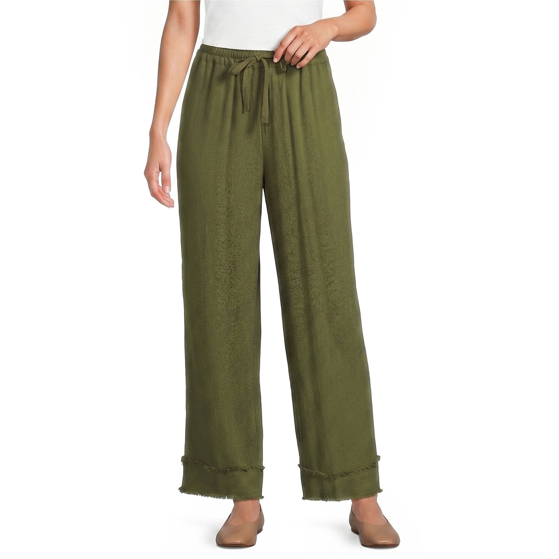 Multiples Textured Woven Slub Drawstring Fringe Band Ankle Coordinating Pants