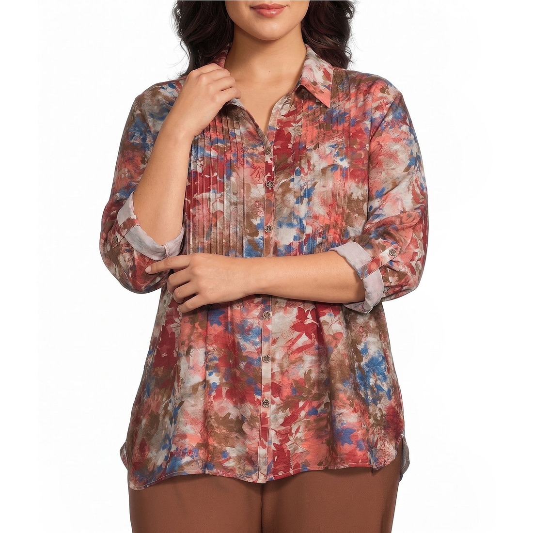 Multiples Plus Size Woven Floral Multi Print Point Collar 34 Roll-Tab Sleeve Button-Front