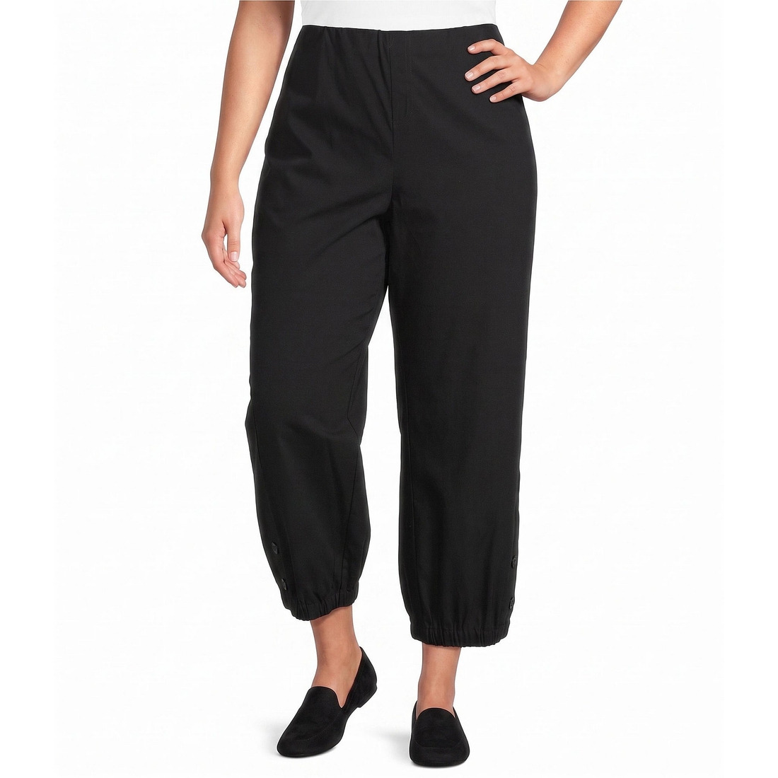 Multiples Plus Size Solid Twill No Waist Side Panel Elastic Hem Cropped Pants