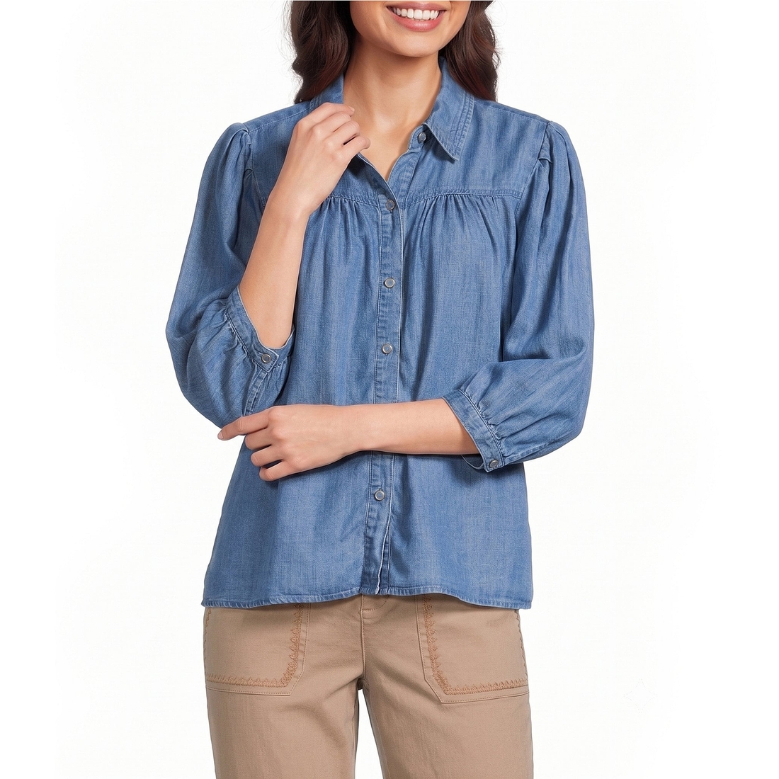 Intro Woven Point Collar 34 Sleeve Button Front Blouse