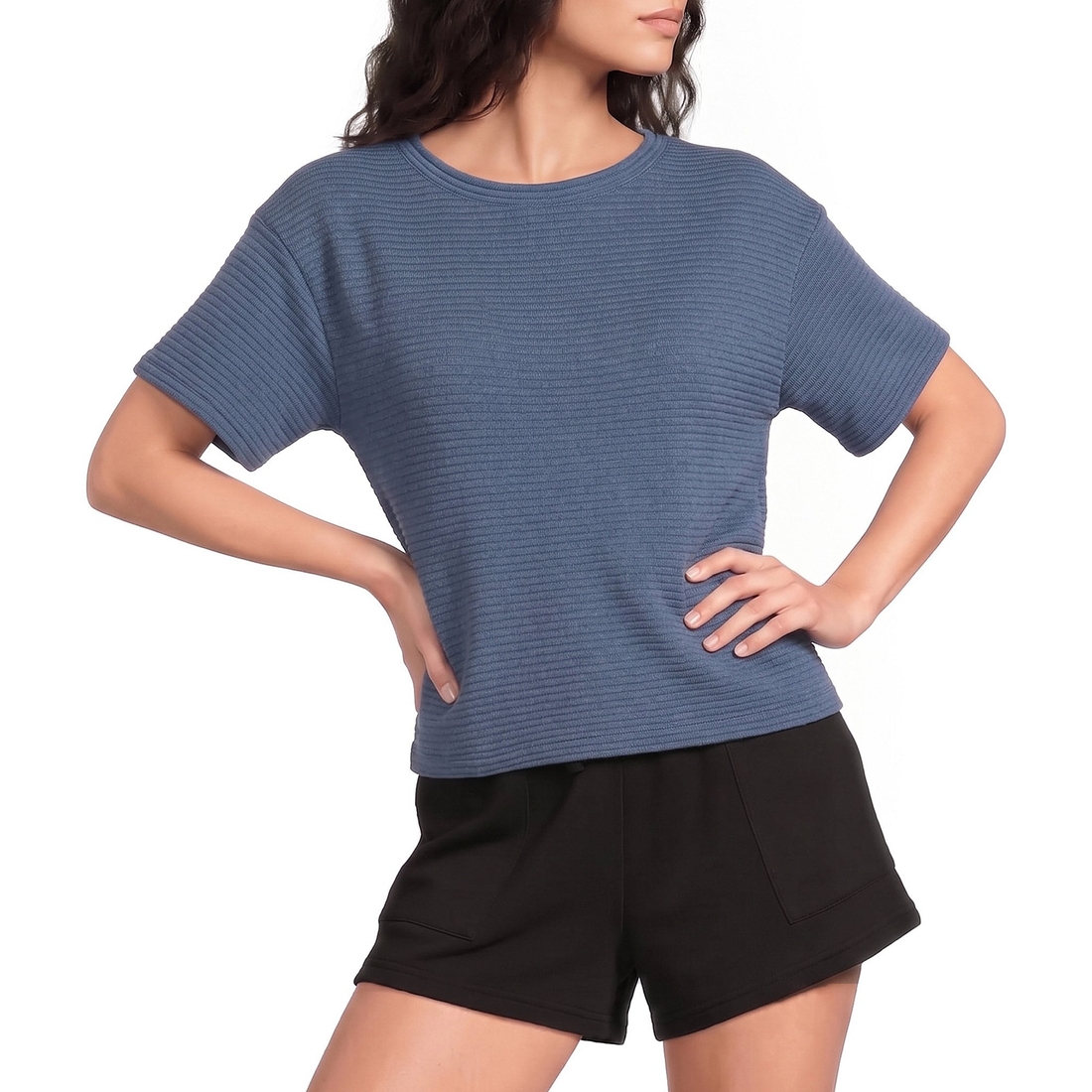 Modern Movement Half Moon by Modern Movement Solid Textured Stripe Short Sleeve Crew Neck Coordinating Lounge Top