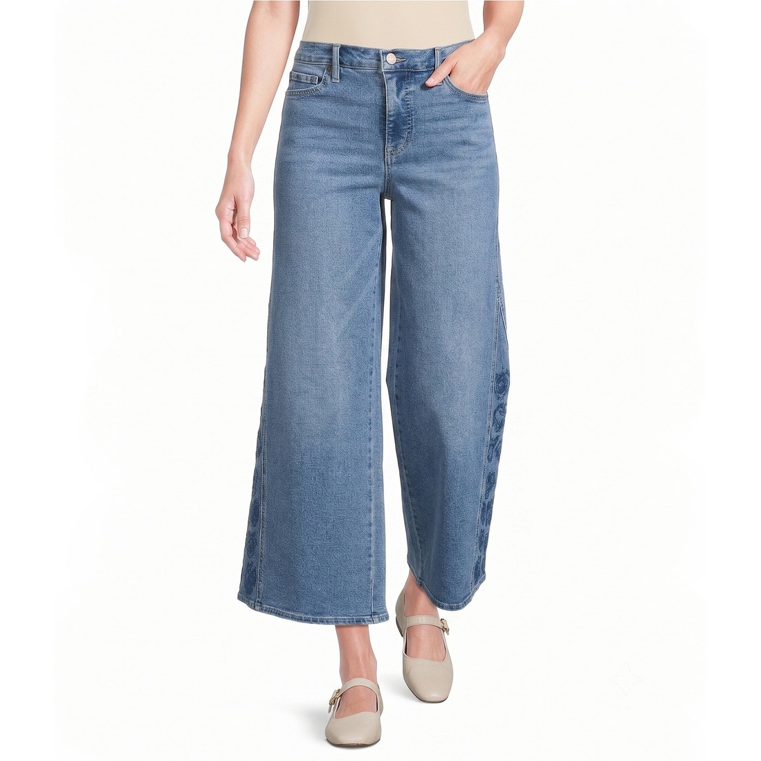 Code Bleu High Rise Wide Leg Embroidered Side Panel Jeans