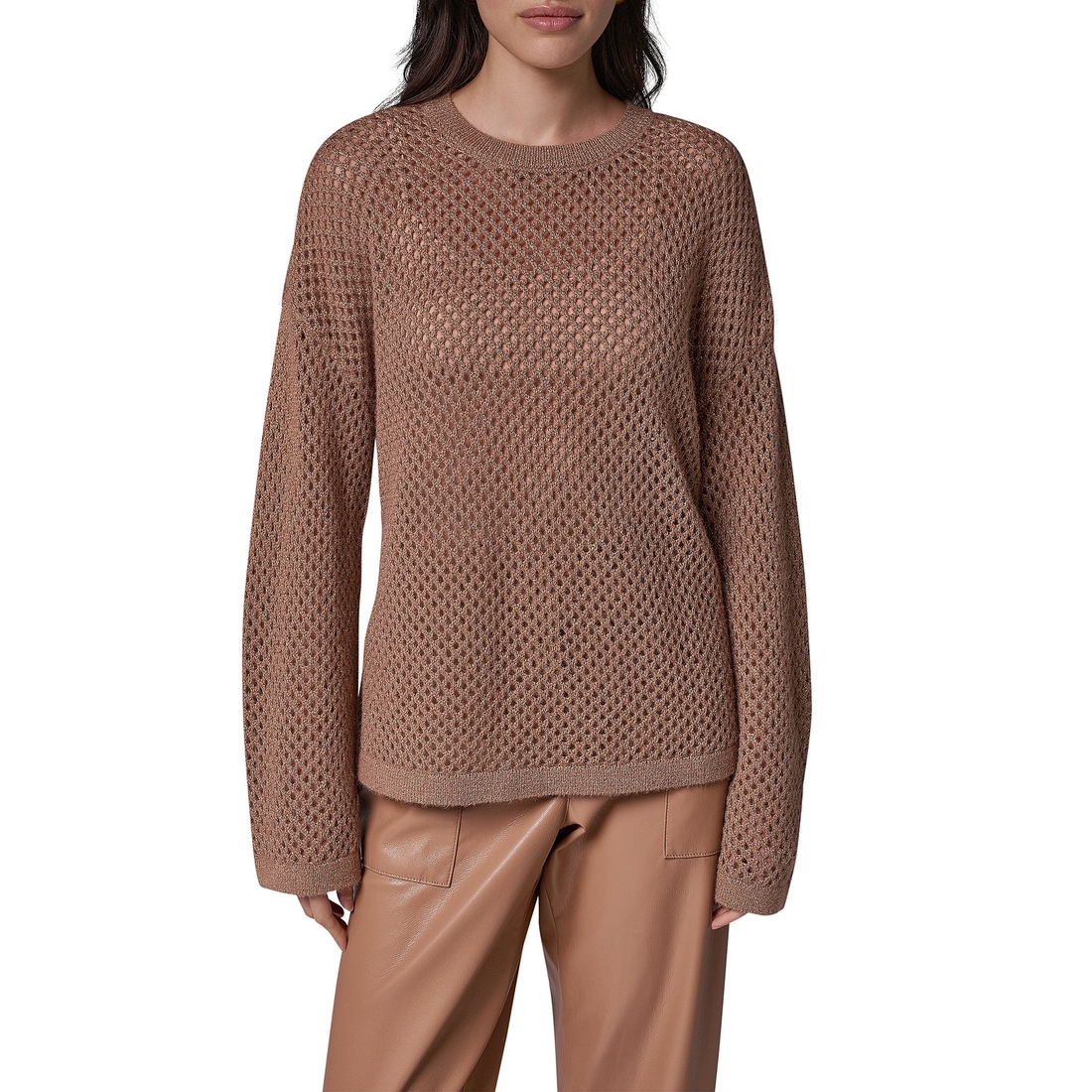 Donna Karan Open Weave Crew Long Sleeve Oversized Pullover Sweater Top