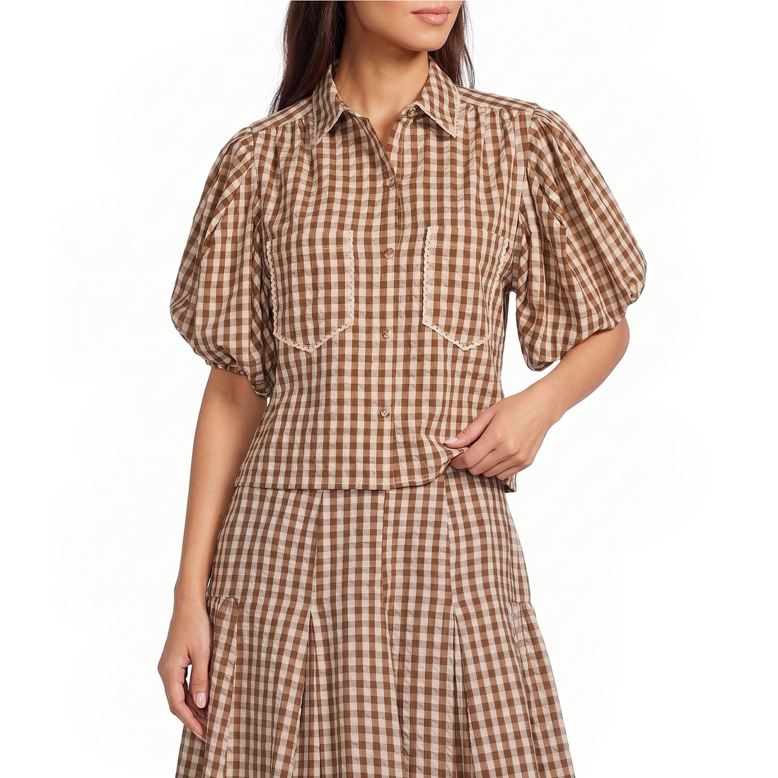 A Loves A Woven Checker Gingham Print Collared Neck Short Bubble Sleeve Button Front Coordinating Sh
