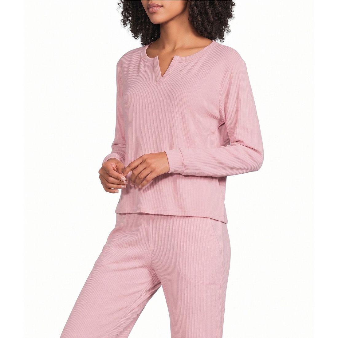 Van Winkle & Co. Solid Ribbed Knit Split V-Neck Long Sleeve Coordinating Sleep Top