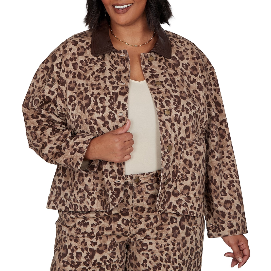 Ruby Rd. Plus Size Coordinating Stretch Denim Cheetah Print Faux Leather Trim Collar Denim Jack