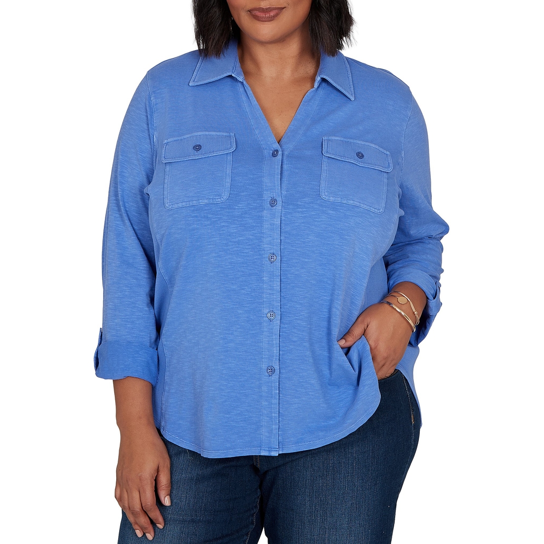 Ruby Rd. Plus Size Garment Washed Point Collar 34 Roll-Tab Sleeve Button Front Shirt
