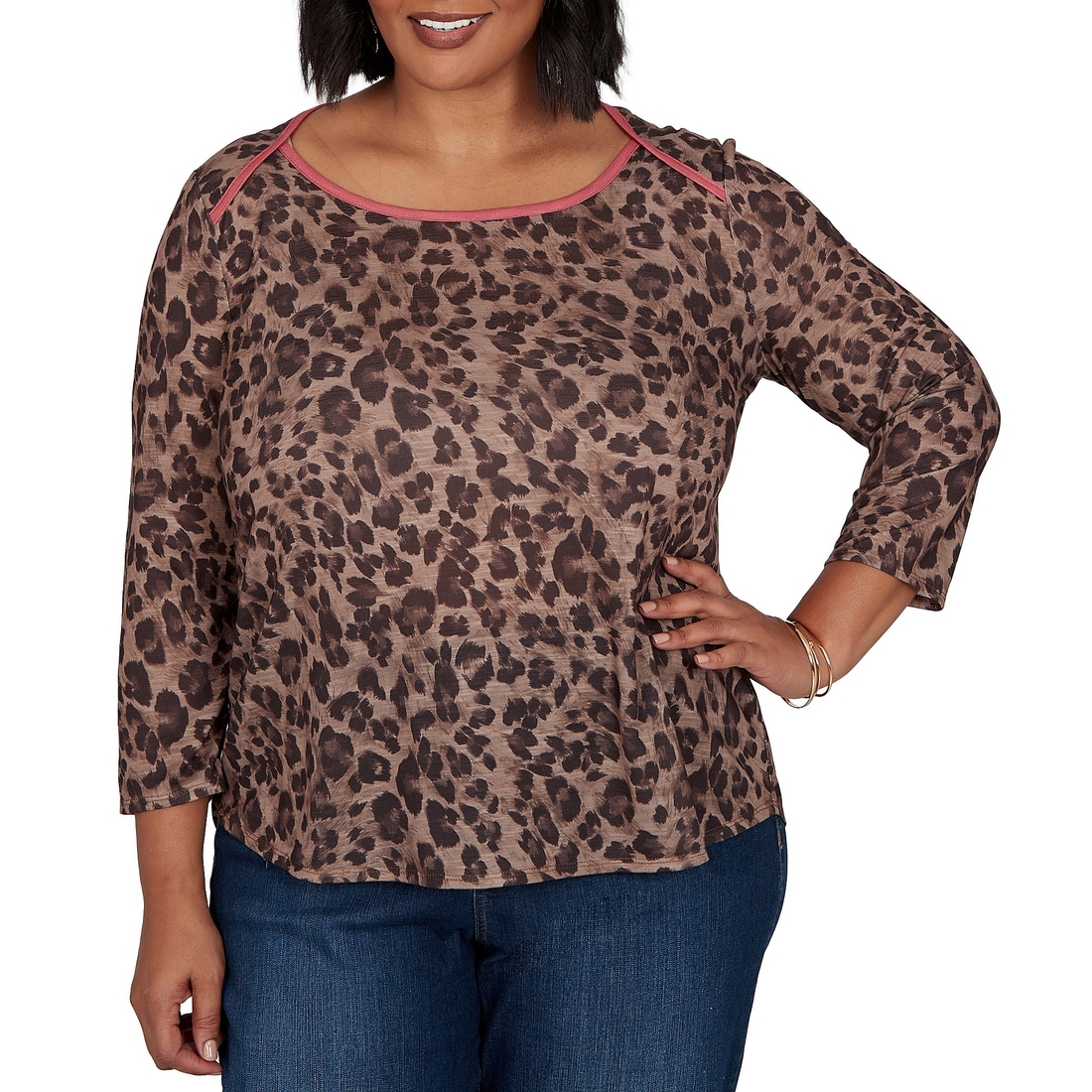 Ruby Rd. Plus Size Sublimation Knit Cheetah Scoop Neck 34 Sleeve Solid Trim Pullover