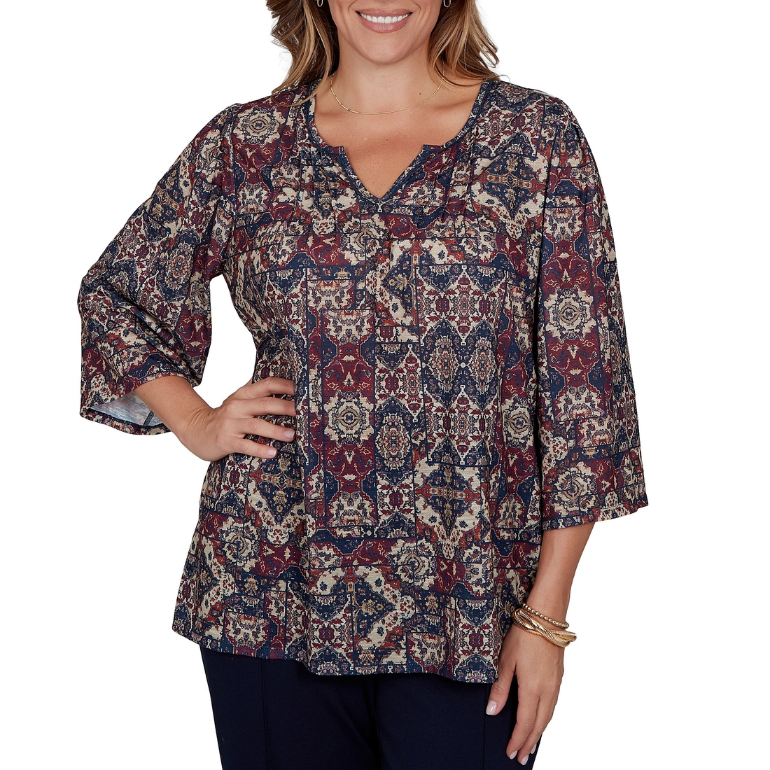 Ruby Rd. Plus Size Light Weight Slub Knit Patchwork Tapestry Split V-Neck 34 Sleeve Top