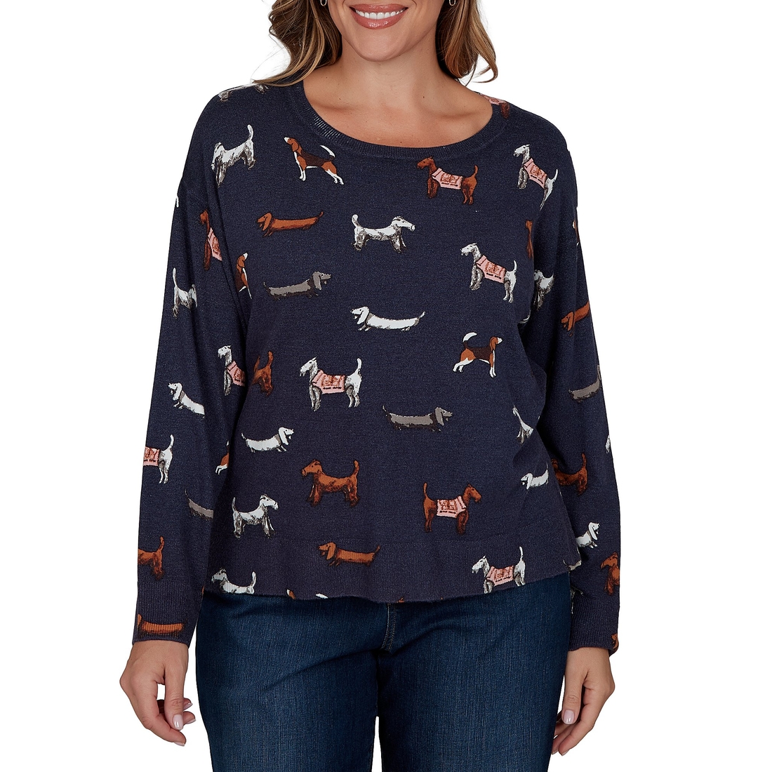 Ruby Rd. Plus Size Knit Tiny Dog Boat Neck Long Sleeve Sweater