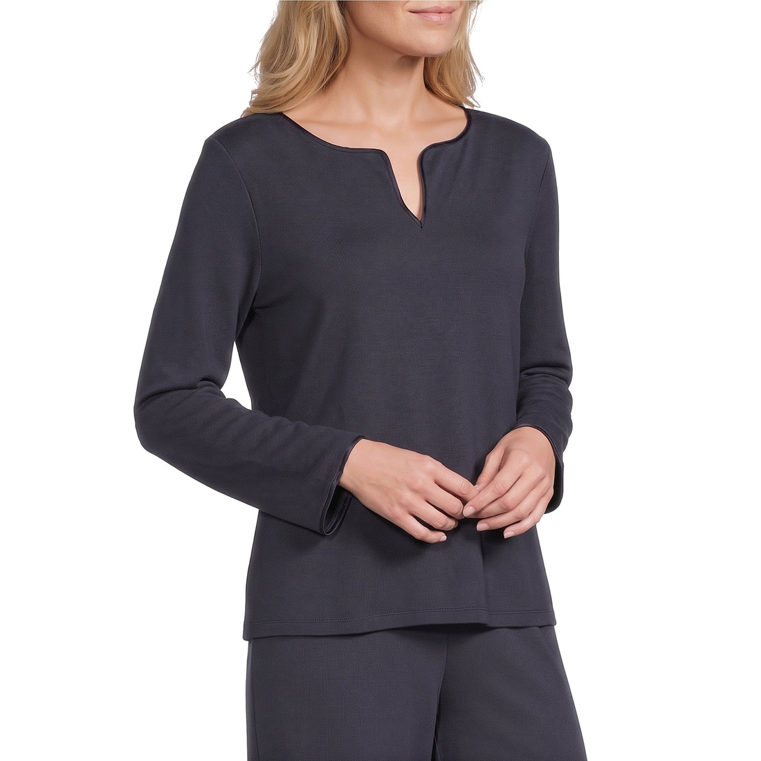 Cabernet Solid French Terry Split Round Neck Long Sleeve Coordinating Sleep Top