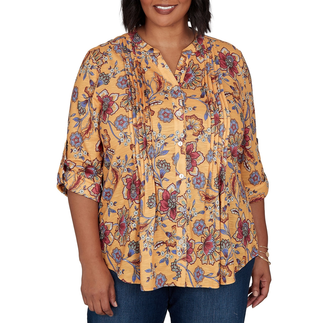 Ruby Rd. Plus Size Floral Vine V-Neck 34 Roll-Tab Sleeve Button Front Shirt