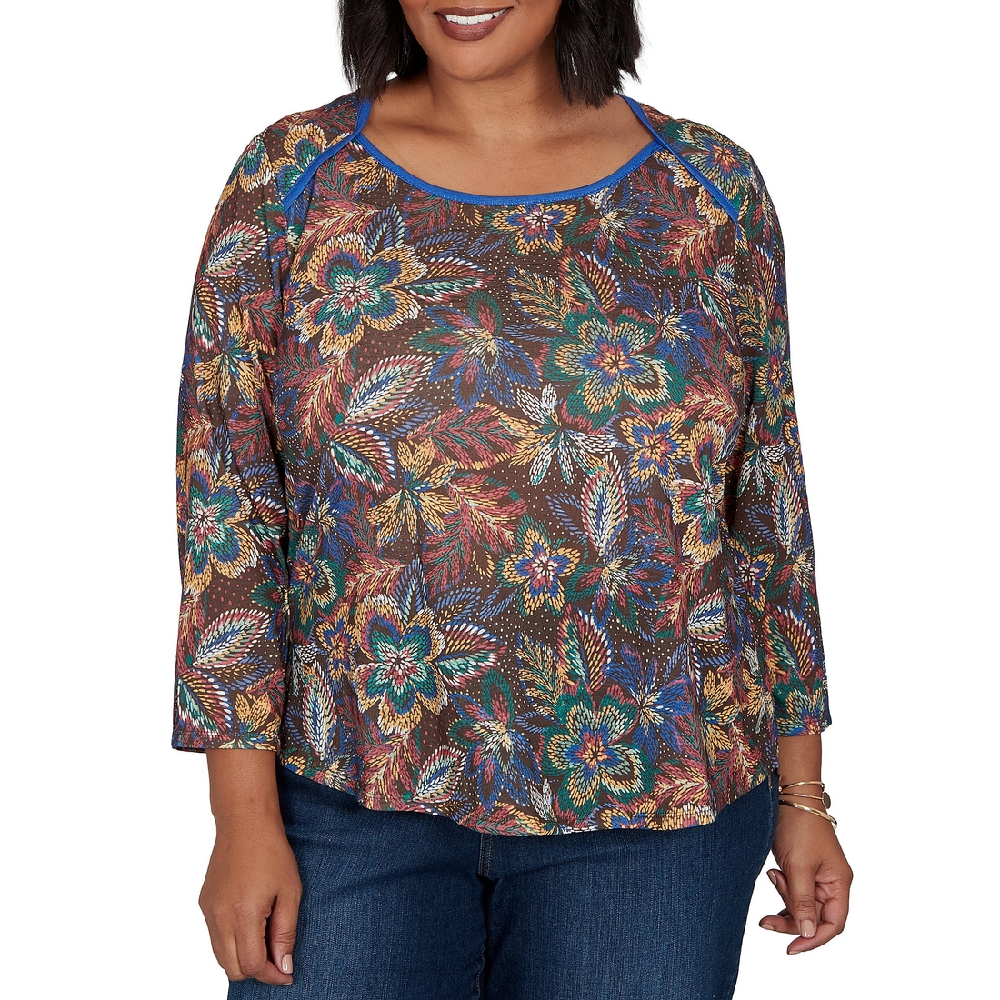 Ruby Rd. Plus Size Lightweight Knit Floral Scoop Neck 34 Sleeve Solid Trim Pullover