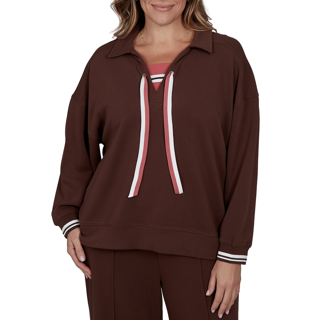 Ruby Rd. Plus Size Scuba Pique Point Collar 34 Sleeve Stripe Trim Pullover