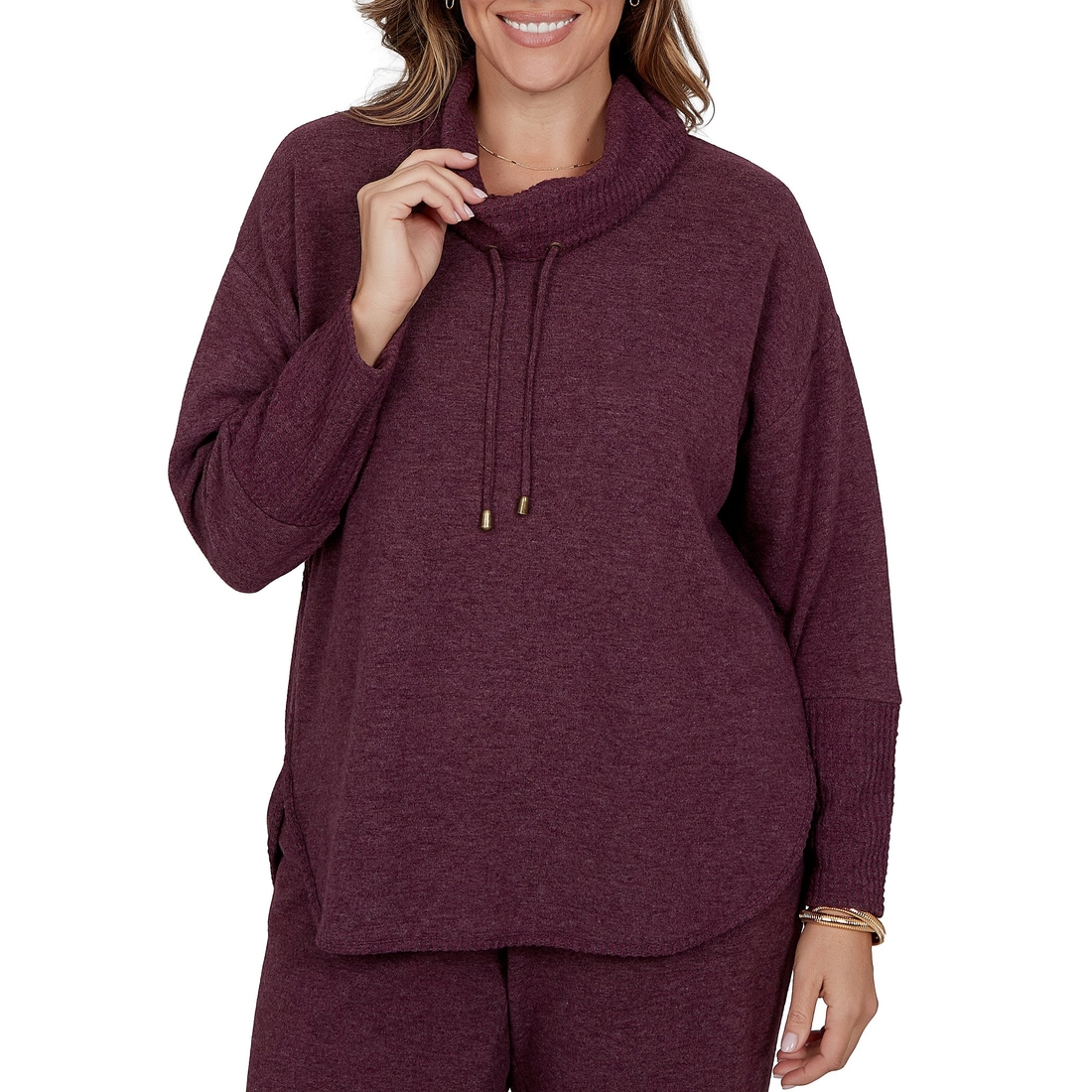 Ruby Rd. Plus Size Waffle Knit Drawstring Draped Cowl Neck Long Sleeve Top