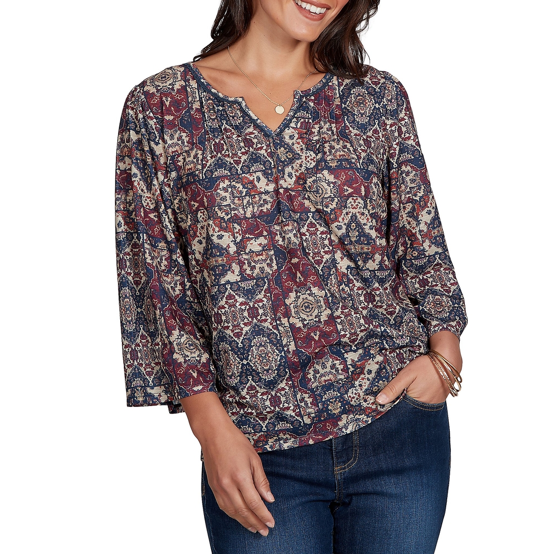Ruby Rd. Petite Size Light Weight Slub Knit Patchwork Tapestry Split V-Neck 34 Sleeve Top