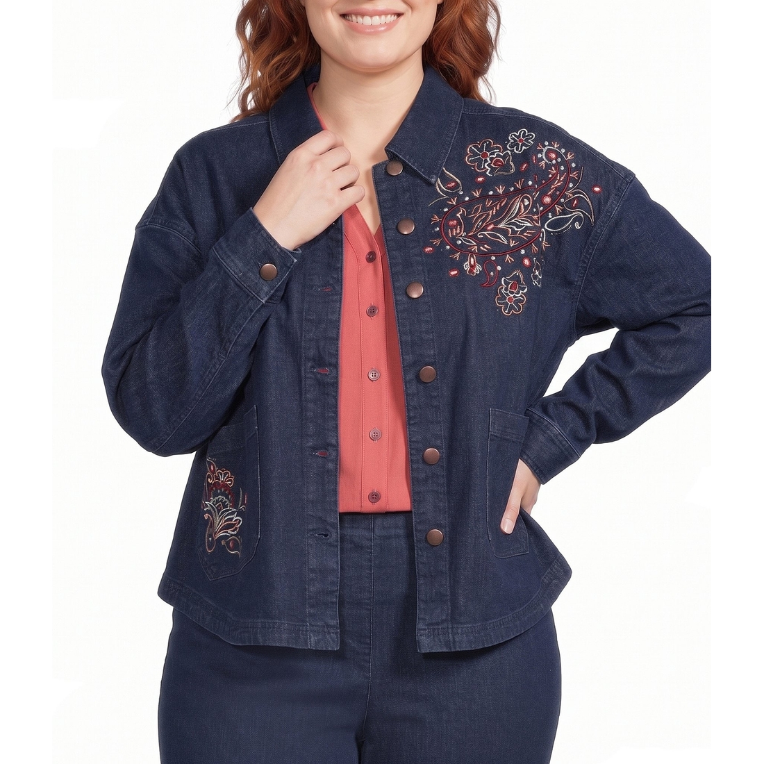 Allison Daley Plus Size Embroidery Detail Long Sleeve Button Front Point Collar Stretch Denim Jacket