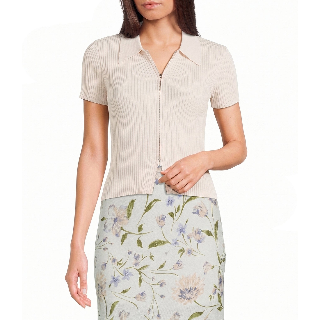 Blu Pepper Knit Collared Short Sleeve Front Zip Top