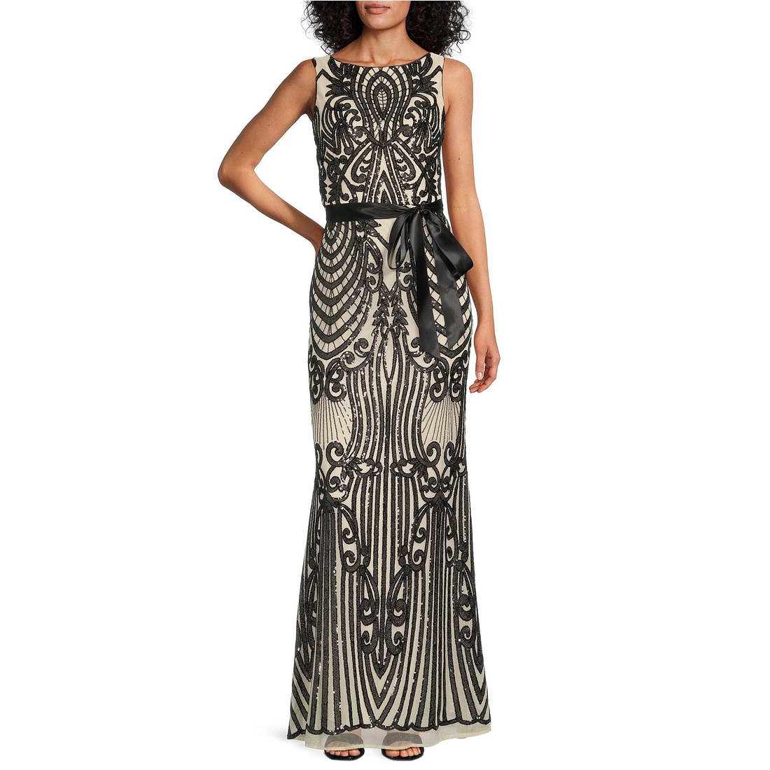 R & M Richards Sequin Pattern Sleeveless Fan Panel Gown