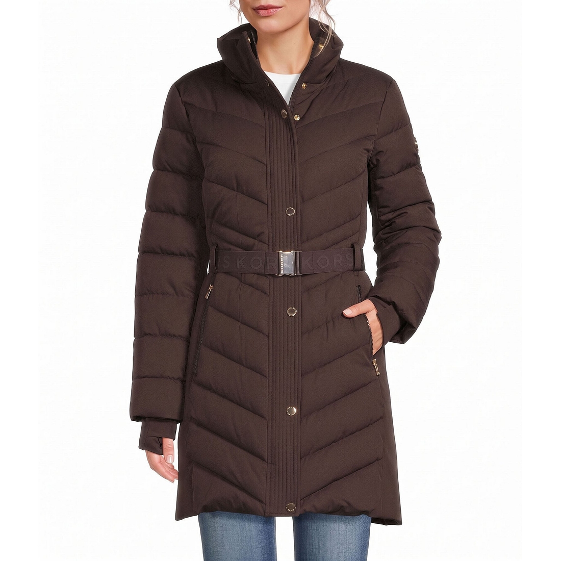 Michael Kors MICHAEL Michael Kors Chevron Pattern Stand Collar Removable Hood Belted Zip Front Puffer