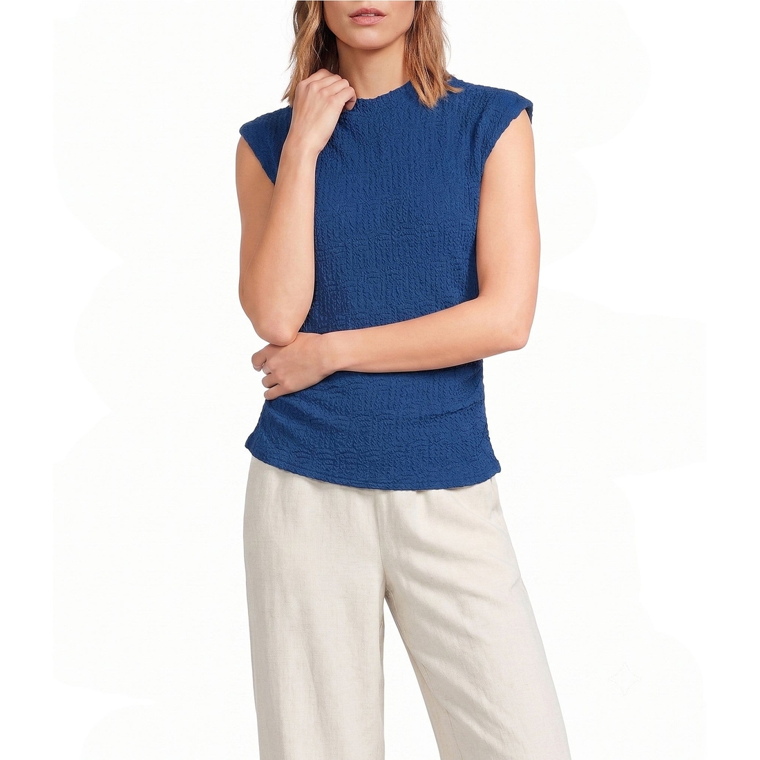 Sugarlips Abstract Patterned Bubble Mock Neck Cap Sleeve Textured Knit Top