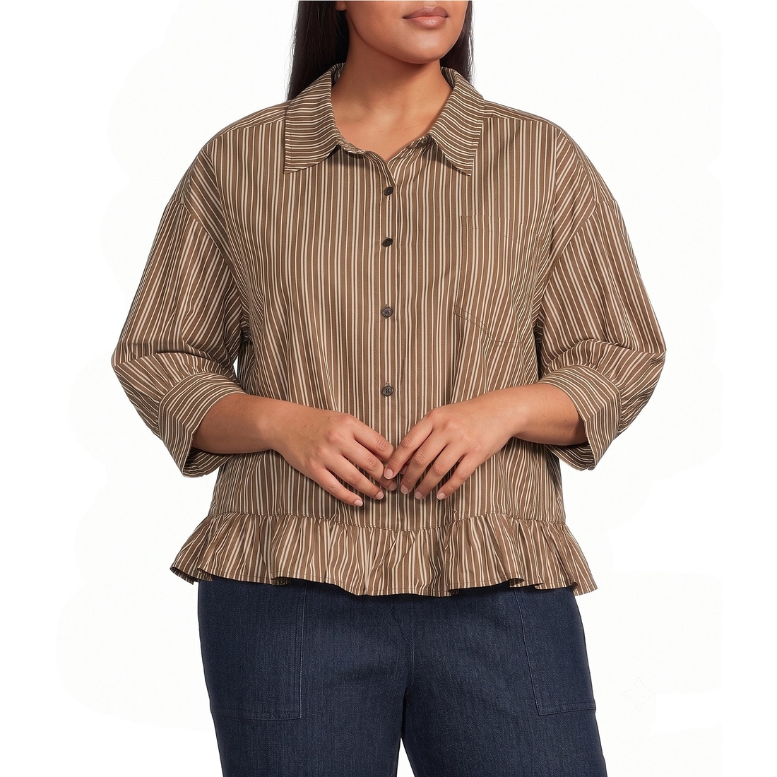 Sugarlips Plus Size Striped Collared 34 Sleeve Ruffle Hem Button Front Top