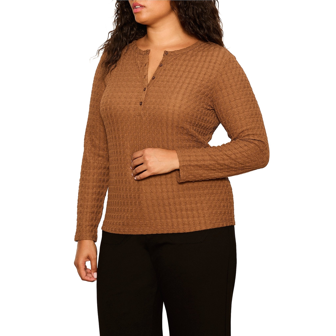 Sanctuary Plus Size Not So Basic Textured Henley Neck Long Sleeve Knit Top