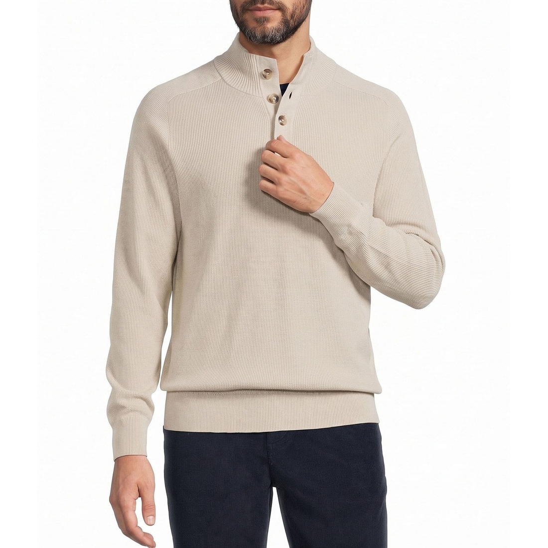 Roundtree & Yorke Long Sleeve Solid Button Mock Neck Sweater