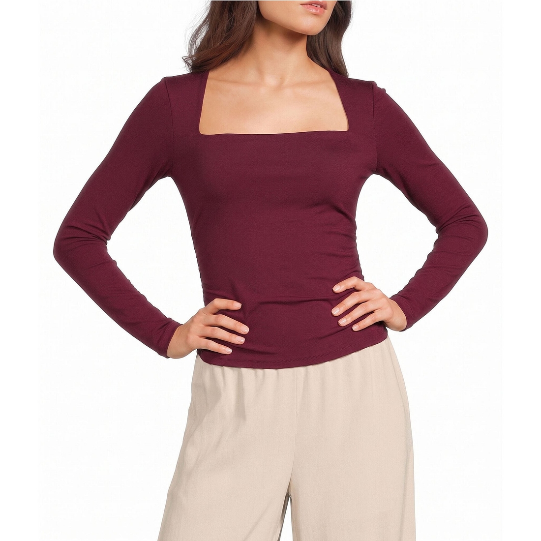 Blu Pepper Square Neck Ruched Side Long Sleeve Top