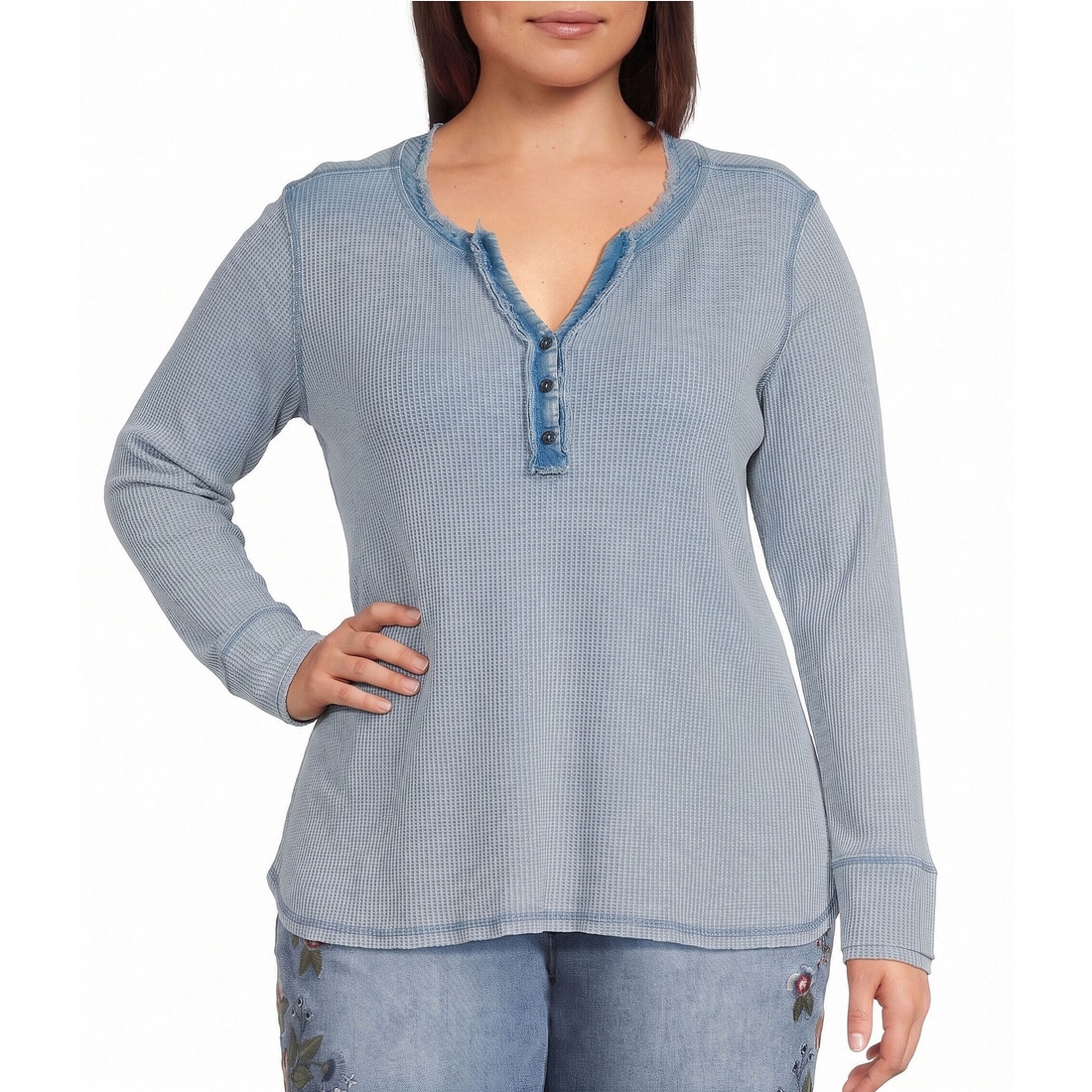 John Mark Plus Size Solid Washed Waffle Knit Split V-Neck Long Sleeve Top