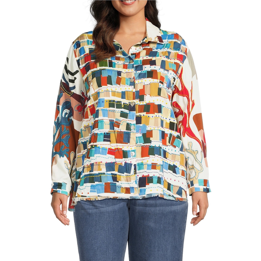 John Mark Plus Size Multi Color Abstract Wire Collar Long Roll-Tab Sleeve Button Front Shirt