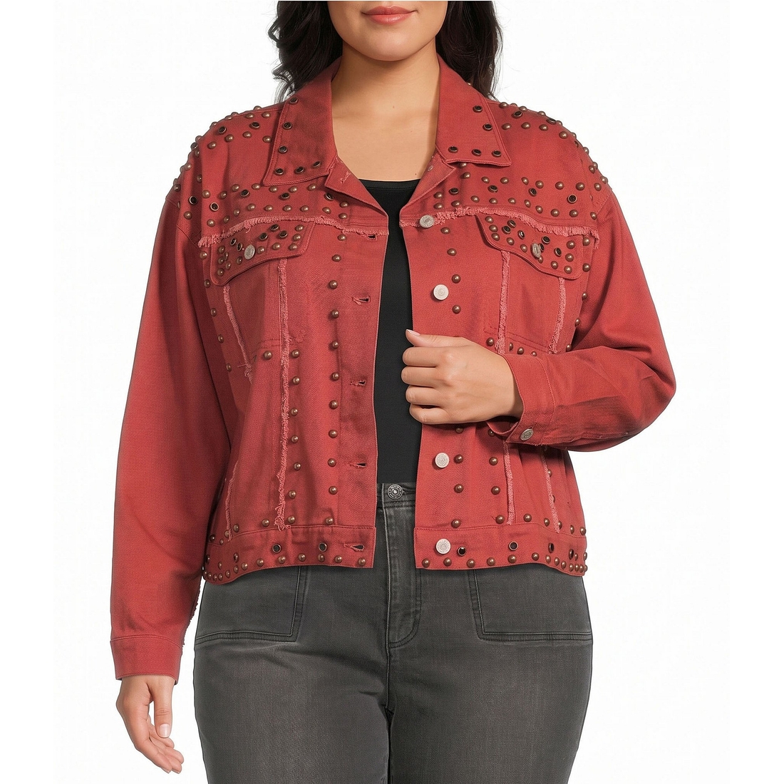 John Mark Plus Size Denim Stud Point Collar Long Sleeve Button Front Jacket