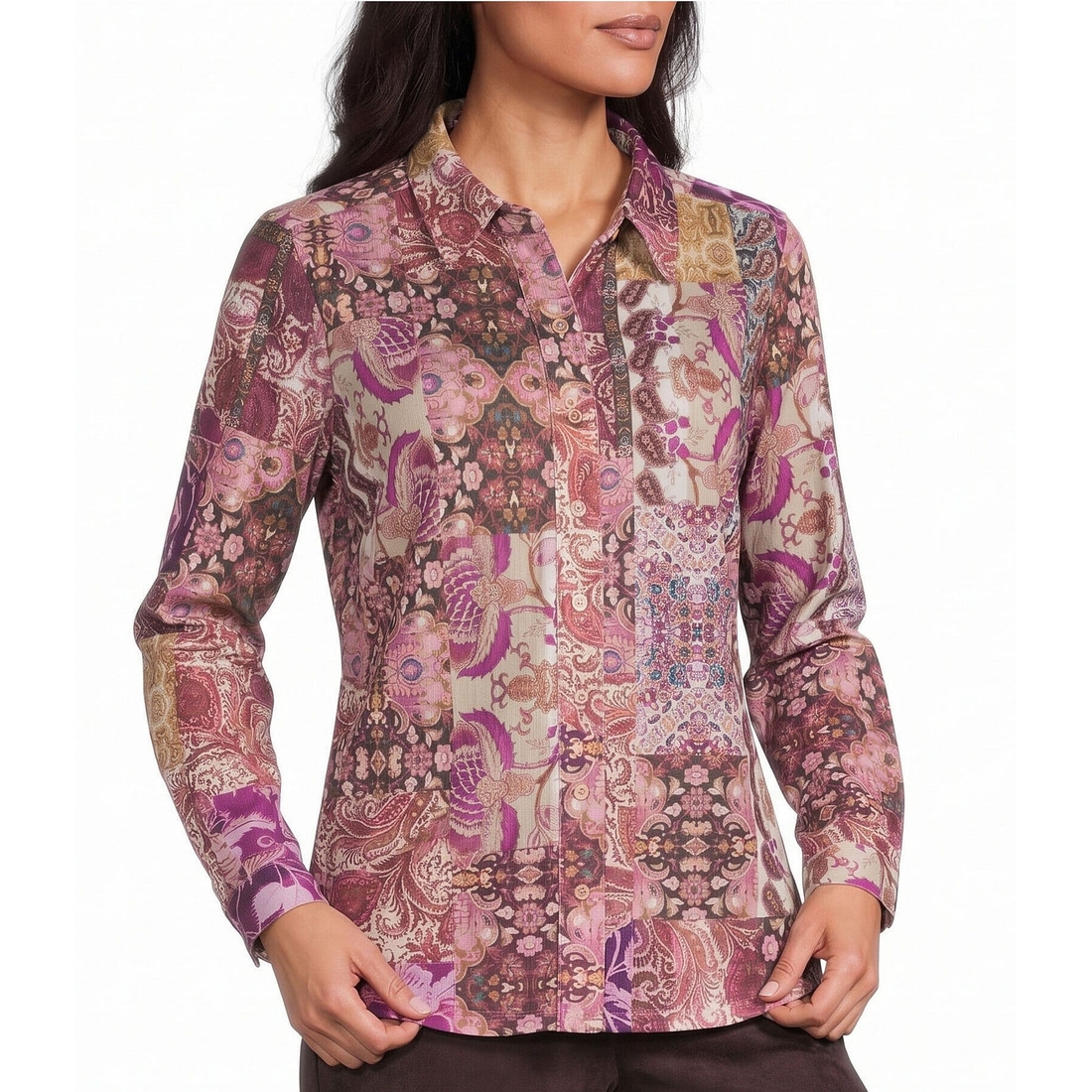 Allison Daley Patchwork Long Sleeve Point Collar Button Front Top