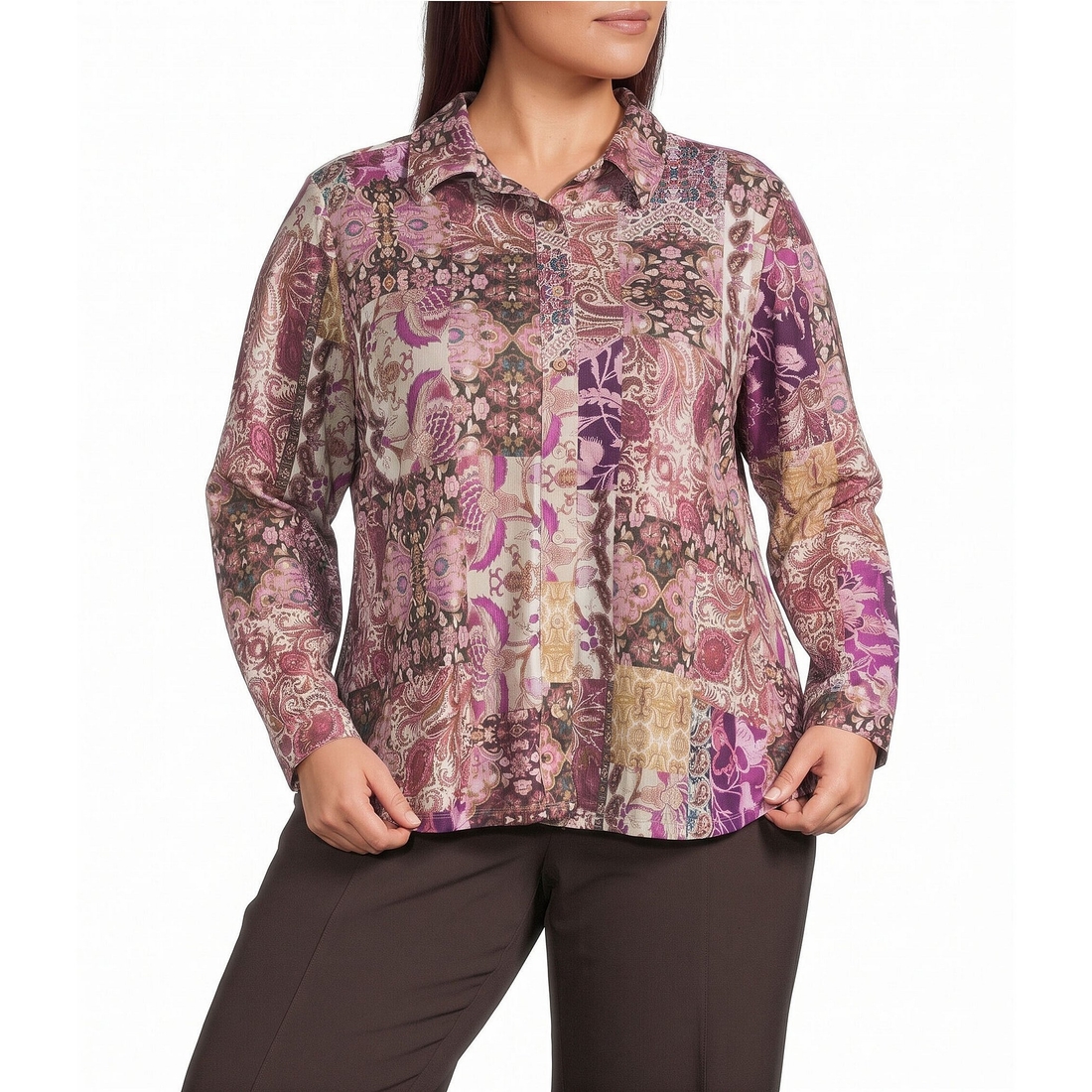 Allison Daley Plus Size Patchwork Long Sleeve Point Collar Button Front Top