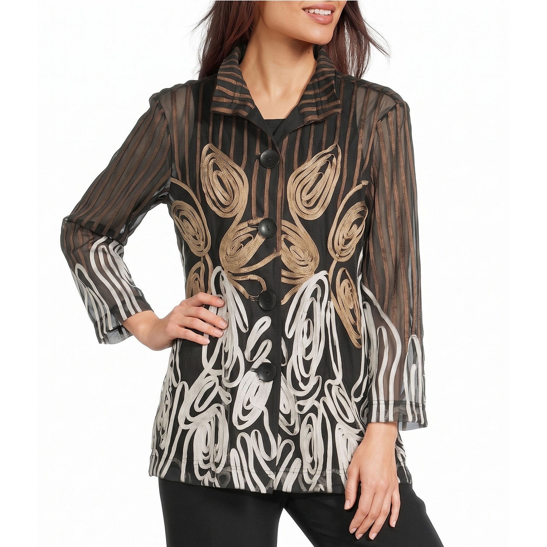Ali Miles Woven Mesh Wire Collar 34 Sleeve Front Button Jacket